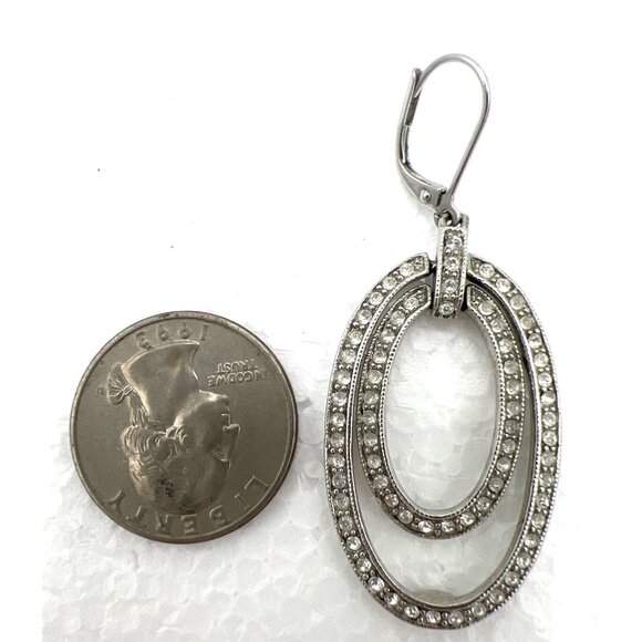 Givenchy Earrings Pave Crystal Double Oval Drop Dangle Leverback Silver Tone - Picture 5 of 9